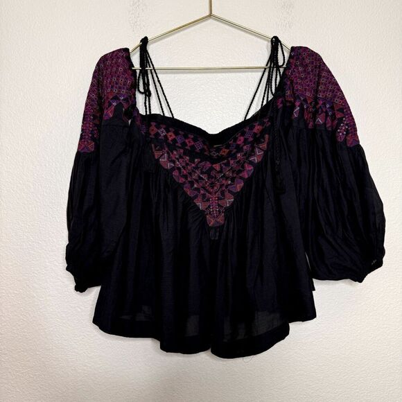 Free People Top XS Embroidered Vacay Vibin Boho Tassel Babydoll Cotton Hippie - Picture 2 of 10